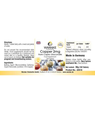 Copper 2mg Vegan Tablets - 100 Count | Copper Gluconate Supplement Without Magnesium Stearate by Warnke Vitalstoffe - Buy Online on GoSupps.com