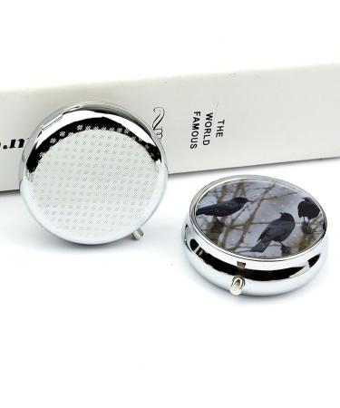 Round Black Crow Birds Print Pill Box | 3 Compartment Portable Metal Organizer - Buy Online on GoSupps.com