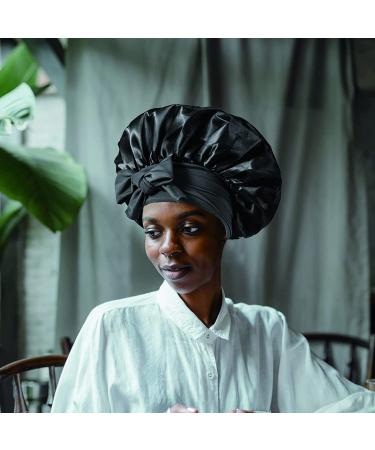 Satin Bonnet for Black Women - Large Silk Bonnet for Braids - Ideal for Sleeping - Stretchy Tie Band - Black & Leopard - Buy Online on GoSupps.com