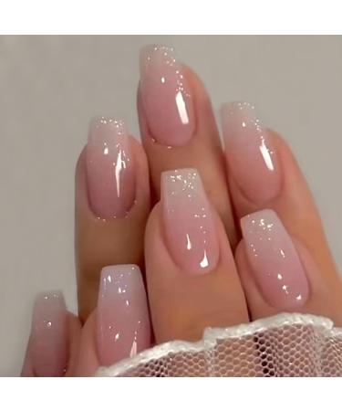 Medium Press on Nails Ombre Pink Nails Press on Square Fake/False Nails with Glitter Powder Press ons Designs Gloss Acrylic Artificial Nails Stick on Nails for Women 24pcs Square-5