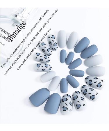 24 Pieces Matte Press On Nails - Blue Short Oval Full Cover Fake Nails with Leopard Print for Wedding Celebrations | Acrylic Nail Tips for Women & Girls - Buy Online on GoSupps.com