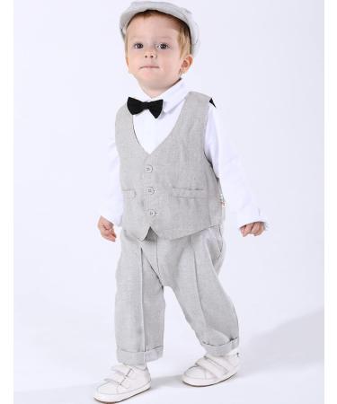 Mint Green Baby Boy Romper Suit | Infant Gentleman Jumpsuit with Bow Tie Waistcoat | 9-12 Months Light Grey - Buy Online on GoSupps.com