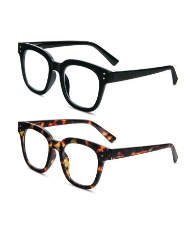 MMOWW 2 Series Pack Reading glasses for women rectangular oversized fashionable against flashing lights (black + turtle 1.0) black + turtle 1.0 x