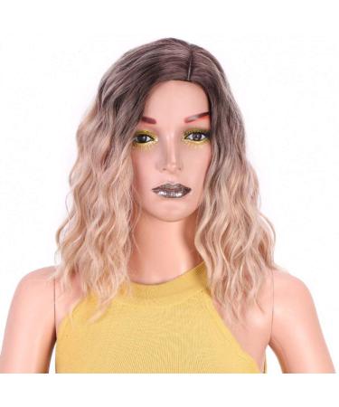 HBINGBING Short Water Wavy Synthetic Wig Mixed Brown and Blonde Wigs for Women Part Nature Wigs