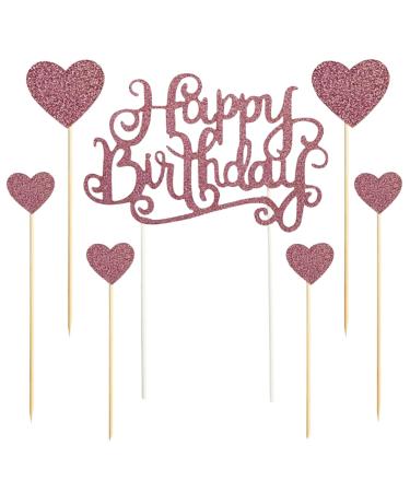 PT Haahoos 7Pcs Cake Toppers Rose Gold Cake Decoration Happy Birthday sign and Heart Shaped Cupcake Topper for Women Girls Mommy Birthday Cake Ice Cream Party Decor