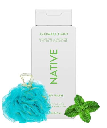 Native Body Wash Cucumber & Mint for Women & Men | Sulfate Free Paraben Free Dye Free with Naturally Derived Clean Ingredients- 16 fl oz with Bath Loofah Sponge