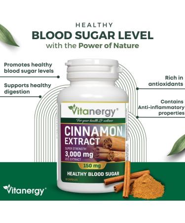 Vitanergy Super Strength Cinnamon Extract Healthy Blood Sugar Level Cardiovascular Support 150mg Ultra 20:1 Extract Rate (from 3000mg Dry Cinnamon) - 60 Capsules Supplement - One Capsule per Day-Made in Canada - Buy Online on GoSupps.com