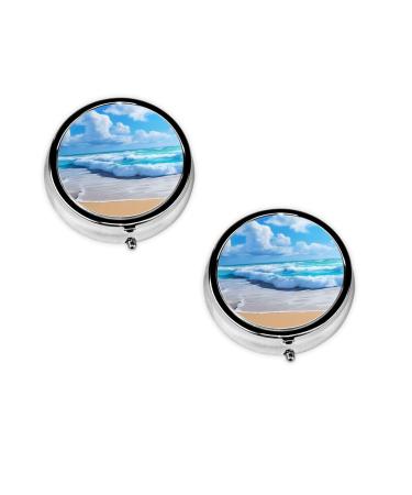 Beach and Sea Printed Mini Round Pill Box Pill Box 3 Compartment Medicine Pill Case Pill Organizer Travel Pillbox Portable Pill Box for Pocket Home Office Use