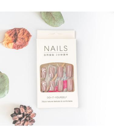 24 Pcs Pink Glossy Medium Square Press on Nails with Heart French Line - Stylish False Nails for Women - Buy Online on GoSupps.com