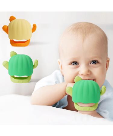 Teething Toys for Babies 0-6 6-12 Months 2 Pack Baby Teether Mittens Anti-Drop Detachable Silicone Chew Toys for Sucking Needs Relief Infant BPA Free Cactus (Green+Yellow)