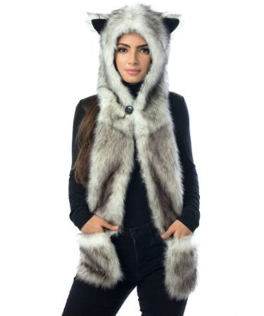 White Wolf Hood Faux Fur Hat with scarfs mittens & paws 3 in 1 by Hatbutik