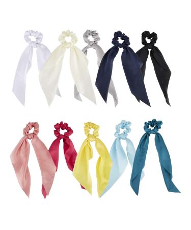 10 Pack Colorful Solid Satin Long Ribbon Knotted Hair Bows Scrunchies Hair Ties Ponytail Headbands Elastics Rubber Hairbands Bubbles Rings Holder Accessories for Women