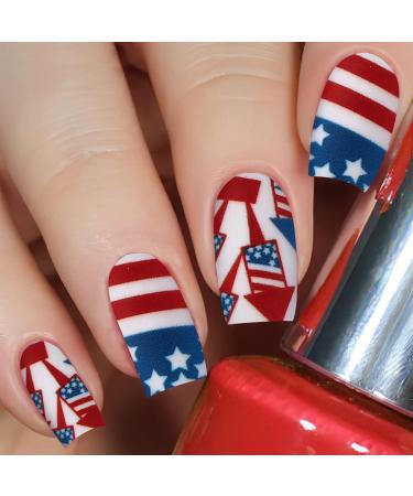 4th of July Press on Nails Medium Long Independence Day Fake Nails Acrylic Full Cover Matte False Nails With American Flag Nail Decals Red Blue Star Design Stick on Nail for Girls Nail Art 24pcs P2