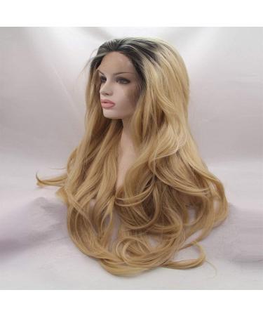 22-Inch Long Blonde Wig with Brown Roots - Synthetic Lace Front Wave Wig for a Soft Natural Look - Buy Online on GoSupps.com