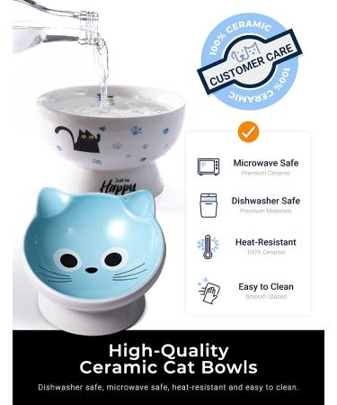 Ceramic Cat Bowls Set of 2 Blue - Raised, Tilted Design to Protect Cat's Spine, Prevent Vomiting - Stress-Free Feeding Solution for Male Cats - Buy Online on GoSupps.com
