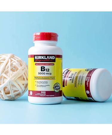 Kirkland Signature Vitamin B12 5000 mcg 300 Tablets - Quick Dissolve Cherry Flavor - Brain & Heart Support - 1 Pack - Buy Online on GoSupps.com