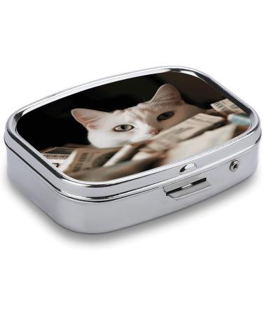 White Cat & Dollar Print Pill Box | 2 Compartment Portable Medicine Organizer - Stylish Metal Pill Case for Purse & Pocket - Buy Online on GoSupps.com