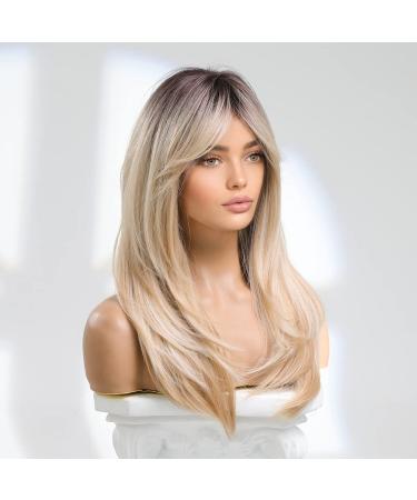 Long Blonde Wig with Bangs and Dark Roots - 22 Inch Synthetic Hair Wig for Women - Buy Online on GoSupps.com