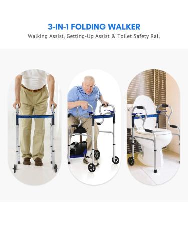 Health Line 3-in-1 Stand-Assist Folding Walker with Wheels - Supports 350lbs - Mobility Aid with Glide Ski - Toilet Safety Rail - Compact & Portable - Silver - Buy Online on GoSupps.com