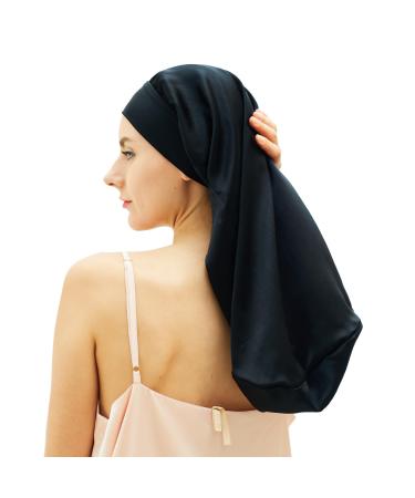 Desmend 19 Momme Silk Sleep Cap Protects Hair Suitable for Long Hair that Reaches to the Waist XL-XXL Black