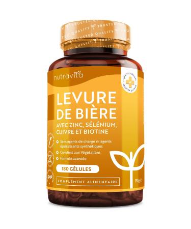 Brewer's Yeast with Zinc Selenium Copper and Biotin - Active Yeast - Brewer's Yeast Hair Skin and Nails - Maintaining a Normal Immune System - 180 Vegetable Capsules - Nutravita