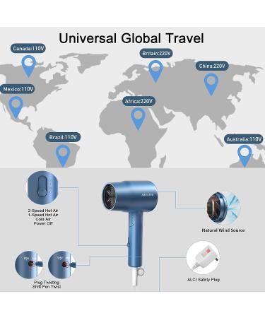 AIRYOMI Portable Travel Hair Dryer 1875W Dual Voltage Lightweight Blow Dryer with Folding Handle and Concentrator Attachment - Blue (EU Plug) - Compact Hairdryer for Men and Women - Buy Online on GoSupps.com