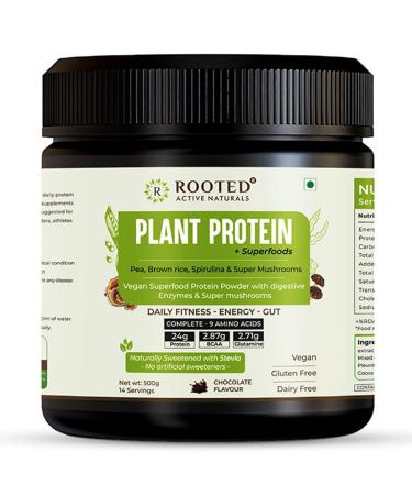 Kavir Plant Protein Powder 24gm Protein from Pea Super Mushrooms Brown Rice Spirulina & | Probiotics Enzymes Super Mushrooms |500 gm | Choclate Flavour (USA FDA Registered Facility)