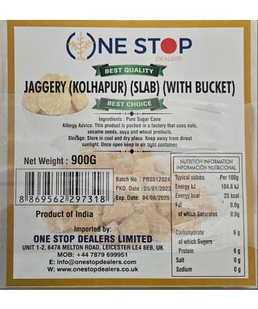 One Stop dealers Jaggery (Kolhapur) (Slab) (With Bucket) (900Gram) Pure Natural Jaggery Used In Sweet And Savoury Dishes Made From Sugar Cane (Pack of 1) 900 g (Pack of 1)