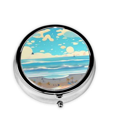 Beach Cartoonround Pill Box 3 Compartment Round Pill Box Organizer &Portable Travel Pill Box for Traveling.