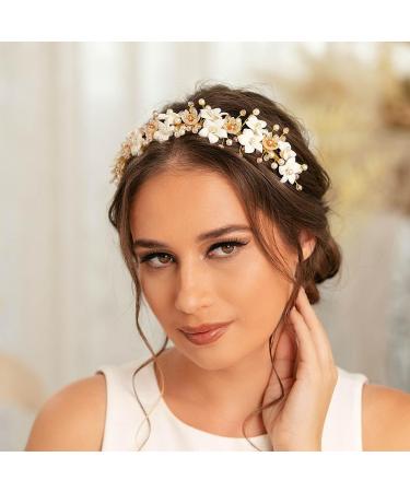 IYOU Bridal Wedding Headband Gold Flower Hair Bands Pearl Beads Headpiece Communion Bride Hair Accessories for Women - Buy Online on GoSupps.com