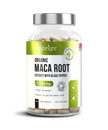Organic Maca Root Capsules - 11000mg High Strength - 180 Capsules (3 Month Supply) - Premium Quality Black and Yellow Maca Extract - Black Pepper to Boost Absorption - Made in UK by VitaBright