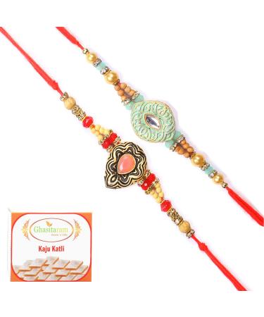 Ghasitaram Gifts Rakhi for Brother Rakhis Online - Set of 2 8469 8487 Premium Rakhis with 200 GMS of Kaju katli