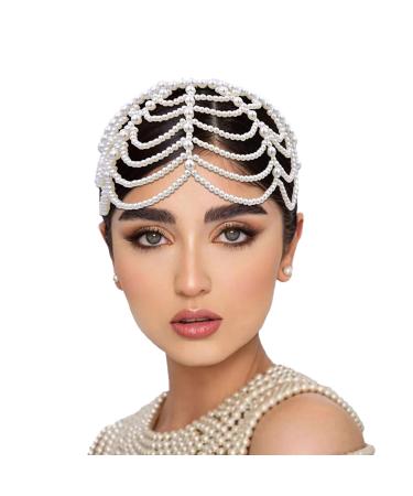NICENEEDED White Pearl Tassels Headhoop Bohemian Beaded Jewelry Headband Hoop Cap Mesh Pearl Fringe Bridal Wedding Hair Hoop for Women and Girls Hair Decoration