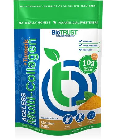 BioTrust Organic Golden Milk Powder Nutrition Ageless Multi-Collagen Peptides with Turmeric Ginger Cinnamon Non-GMO Gluten-Free (20 Servings)