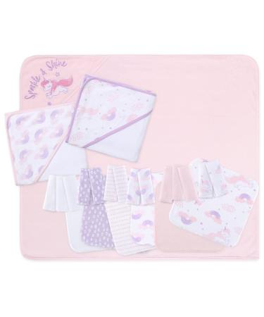 The Peanutshell Baby Bath Towel & Wash Cloth Set in Pink/Purple/White, 23 Pieces, Unicorn & Rainbow