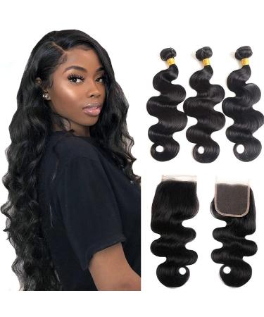 Body Wave 3 Bundles with Closure 100% Unprocessed Brazilian Body Wave Human Hair Weave with 4x4 Free Part Lace Closure Natural Color (20 22 24+18