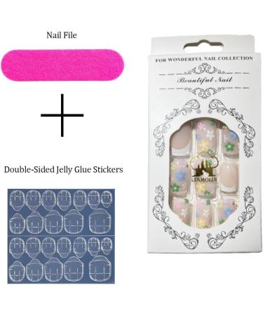 White French Multicolor Flowers Press on Nails - Coffin Stick on Nails Nails Tips Full Cover Fake Nails Glossy Nails for Women Girls DIY Nail Manicure 24 PCS False Nails 01 - Buy Online on GoSupps.com