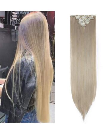 8pcs 26 Inch Clip in Hair Extensions Silky Straight Full Head Hair Pieces Ombre mix Synthetic Hair Extension Ash Blonde mix Silver Gray ash blonde mix silver gray 26 inch