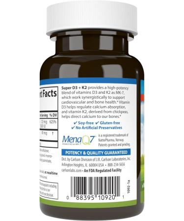 Carlson - Super D3 + K2 125 mcg (5000 IU) Vitamin D3 90 mcg Vitamin K2 as MK-7 Bone Support Calcium Absorption 90 Vegetarian Capsules 90 Count (Pack of 1) - Buy Online on GoSupps.com