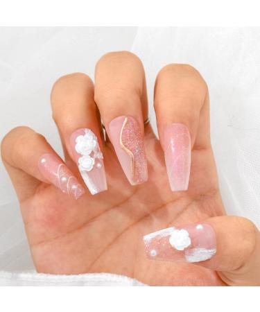 Sethexy Long Coffin False Nails - Handmade 3D Camellia Flower Press-On with Pearl Patterns | Matte & Glossy Acrylic | Removable Nail Art for Women & Girls - Buy Online on GoSupps.com