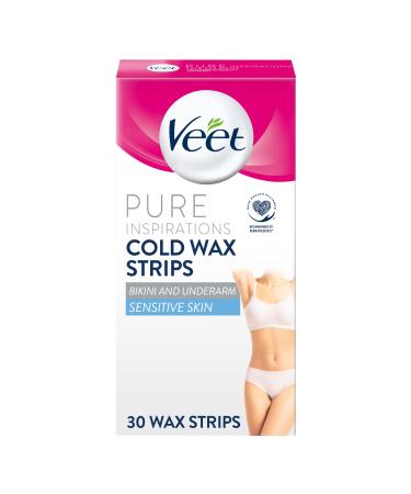 Veet Bandes de cire froide pure pour bikini et aisselles peau sensible 30 pi ces + 3 lingettes pilation des racines douceur de 28 jours formule hypoallerg nique emballage variable