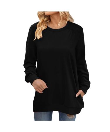 Yihaojia Women Fall Basic Long Sleeve T Shirts Crewneck Sweatshirt Pockets Oversized Fleece Long Sleeve Fall Tunic Tops Black#18 XX-Large