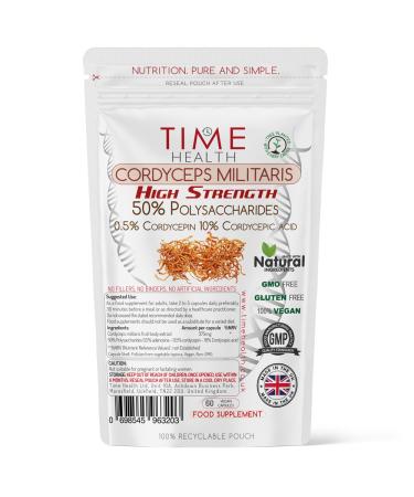 Cordyceps militaris High Strength 50% Polysaccharides / 10% Cordycepic Acid / 0.5% Cordycepin (60 Capsule Pouch) 60 Count (Pack of 1)