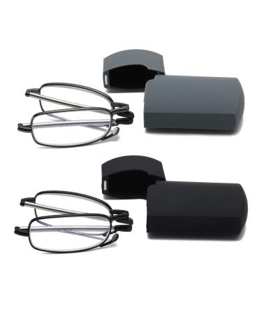 Hubeye 2 pairs foldable reading glasses Mini portable reading aid made of stainless steel with hard shell case anti-blue visual aid for men and women 1.00 black/gray 1.0 diopters