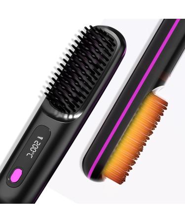 Portable Cordless Hair Straightener Brush with LED Temperature Display Mini Negative Ion Cordless Hair Straightener Brush with 2 Hair Clips+1 Comb Carrying Pouch Easy to Carry for Traveling