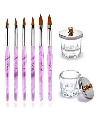 Kalolary 2Pcs Nail Art Dappen Dish with 6Pcs Acrylic Nail Brush Set, Mini Glass Nail Cup with Lid Glass Crystal Bowl Acrylic UV Gel DIY Brush Nail Crystal Cup Set Acrylic Liquid Powder Styling Tool Purple