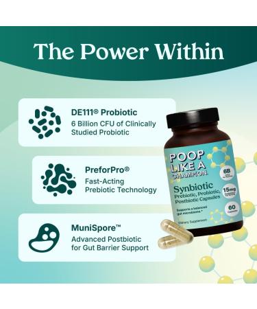 Poop Like a Champion Gut Power Synbiotic (Prebiotic Probiotic Postbiotic) 60 Capsules Vegan Non-GMO Digestive Health Supplement 6.5billion CFU - Buy Online on GoSupps.com