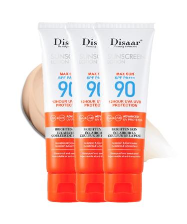 Sunscreen Lotion SPF 90-1.7 fl oz Invisible Broad Spectrum Face Sunscreen - Weightless Scentless and Oil Free- Fast Absorbing Water & Sweat Resistant Sunscreen with Vitamin E For All Skin (3PC)