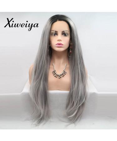 xiweiya Long Gray Lace Wig Nature Wave Synthetic Gray Lace Front Wigs Middle Part Heat Resistant Wig Graceful long hair mermaid hair replacement wig long Gray lace wig soft wig for women 24 Inch