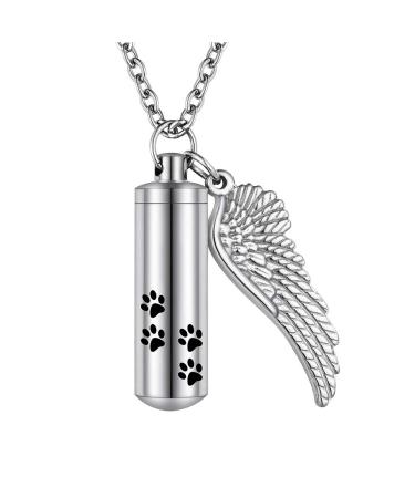Cylinder Cremation Necklace for Pet Ashes Urn Necklace with Angel Wing Pet Paw Ashes Necklace for Dog/Cat Pet Memorial Keepsake Jewelry Silver-M